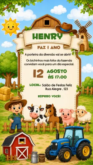 Convite de Aniversário Fazendinha Editável