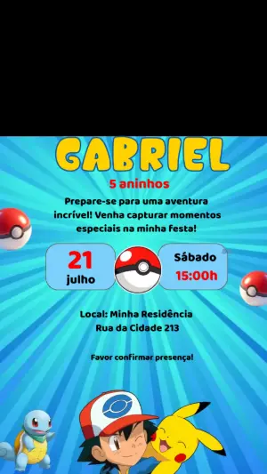 Convite Animado de Aniversário Pokémon para Editar