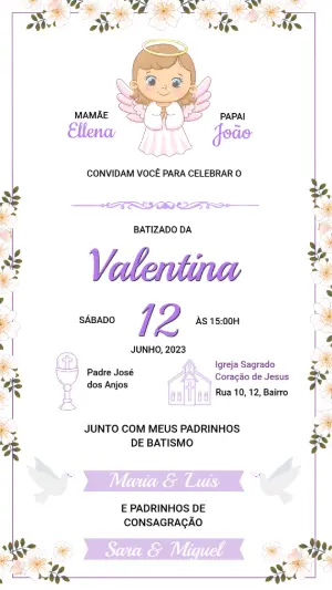 Convite de Batizado Menina Anjinha Floral Lilás para Editar