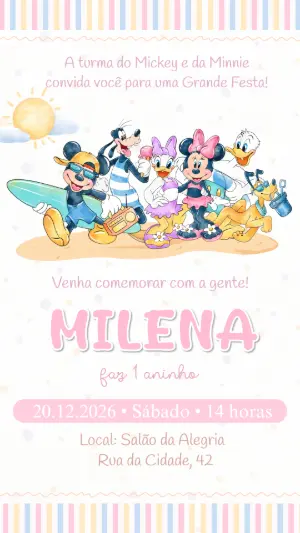 Convite Aniversário Turma do Mickey Praia Editável