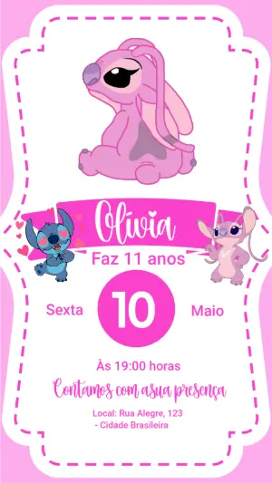 Convite Digital Aniversário Infantil Stitch e Angel Editável
