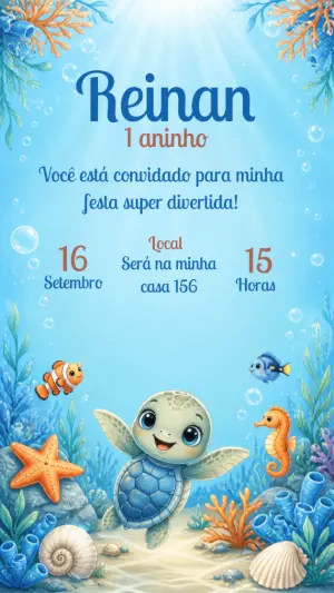 Convite Aniversário Fundo do Mar Tartaruga Bebê Editável