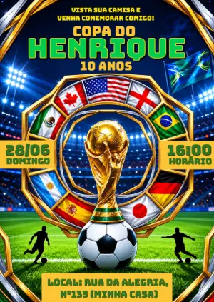 Convite Aniversário Futebol Estilo Copa do Mundo para Editar