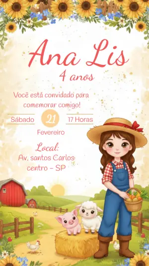 Convite de Aniversário Fazendinha Menina Editável com Girassóis