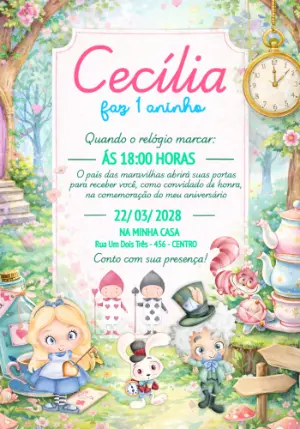 Convite de Aniversário Alice no País das Maravilhas Editável