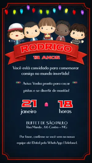 Convite de Aniversário Stranger Things Editável do Mundo Invertido
