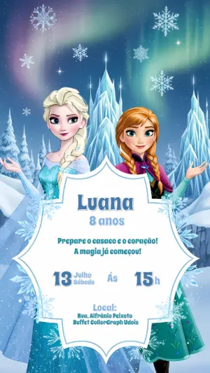 Convite Aniversário Frozen com Elsa e Anna para Editar Online