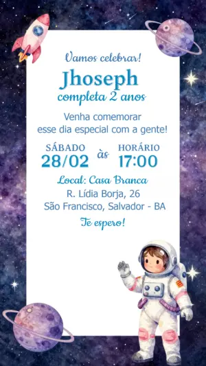 Convite de Aniversário Infantil Astronauta no Espaço para Editar