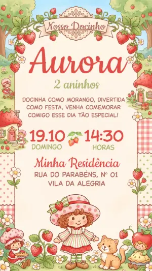 Convite de Aniversário Moranguinho Clássico Editável