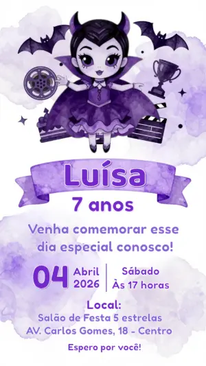 Convite de Aniversário Vampira e Cinema Roxo para Editar