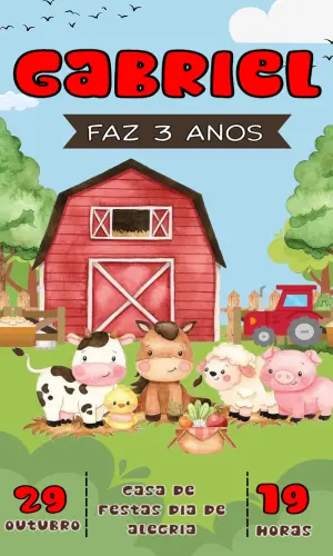 Convite de Aniversário Fazendinha com Animais para Editar Online