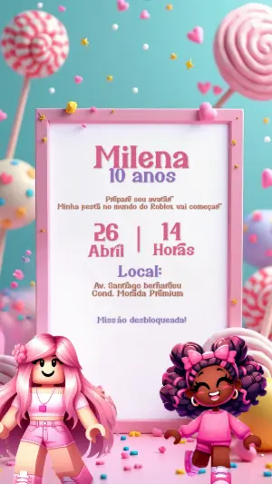 Convite Aniversário Roblox Menina Candy para Editar Online