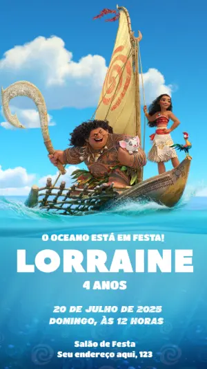Convite de Aniversário Moana e Maui para Editar Online