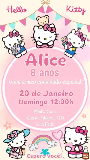 Convite de Aniversário Hello Kitty Rosa para Editar Online