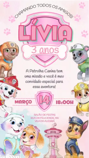 Convite Digital Patrulha Canina Menina Editável para Aniversário