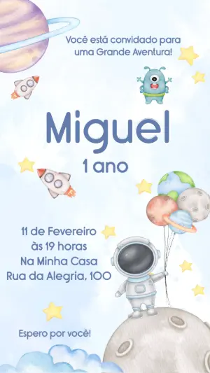 Convite Animado Aniversário Astronauta no Espaço para Editar
