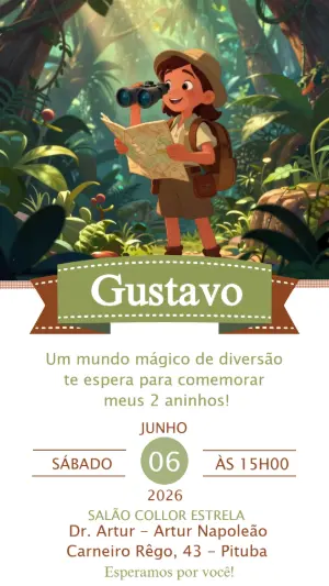 Convite de Aniversário Infantil Explorador da Selva Editável