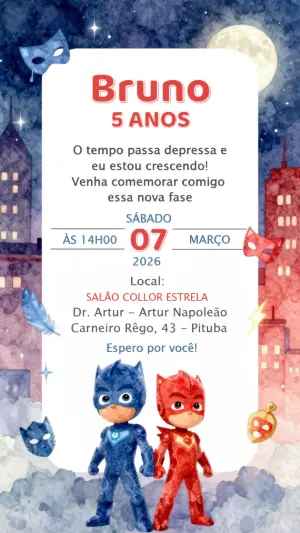 Convite de Aniversário PJ Masks Heróis de Pijama para Editar