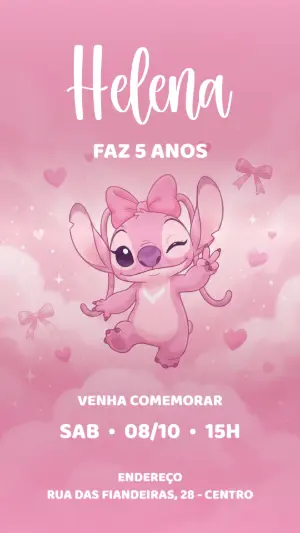 Convite de Aniversário Angel (Stitch Rosa) Editável
