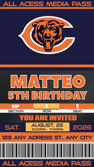 Editable Football Ticket Birthday Chicago Bears Invitation Template