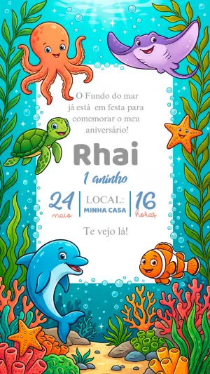 Convite de Aniversário Fundo do Mar Colorido para Editar