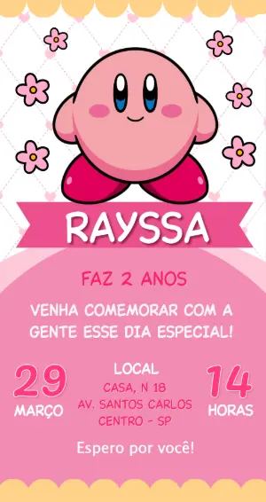 Convite de Aniversário Kirby Rosa Fofo para Editar