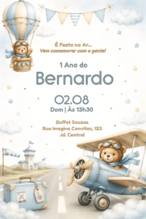 Convite Editável Aniversário Ursinho Aviador Aquarela