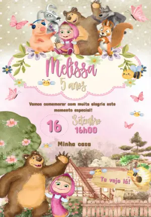 Convite Aniversário Masha e o Urso com Personagens para Editar