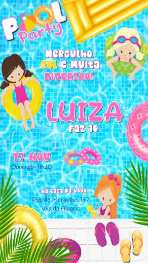 Convite Aniversário Pool Party Menina para Editar Online