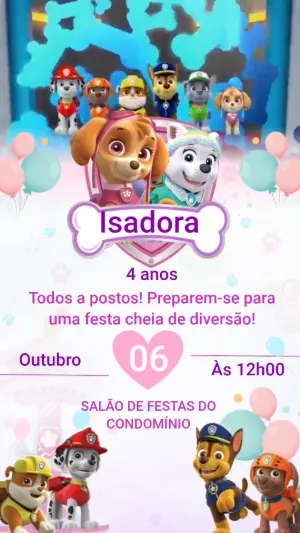 Convite Animado Patrulha Canina Menina Rosa para Editar