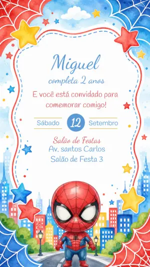 Convite de Aniversário Homem-Aranha Aquarela para Editar
