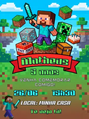 Convite de Aniversário Minecraft Pixelado para Editar