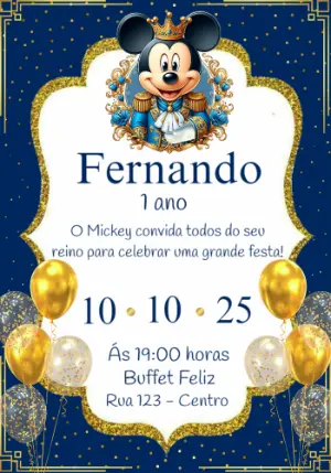 Convite Aniversário Mickey Realeza Editável para Imprimir