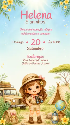 Convite de Aniversário Safári Menina Editável