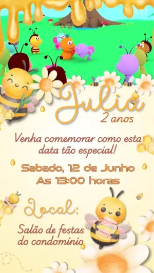 Convite Animado Aniversário Abelhinha Aquarela para Editar
