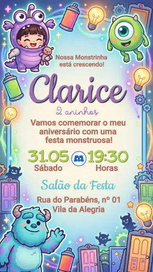 Convite de Aniversário Monstros S.A. Infantil Editável