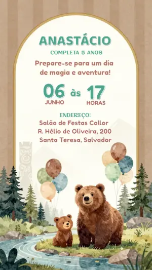 Convite Aniversário Infantil Urso Aquarela Editável