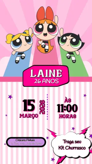 Convite de Aniversário Meninas Superpoderosas Rosa para Editar