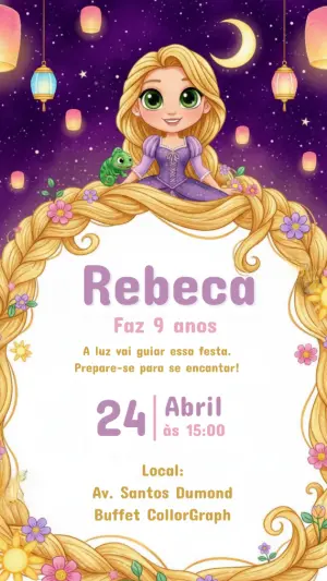Convite de Aniversário Enrolados Roxo e Dourado para Editar