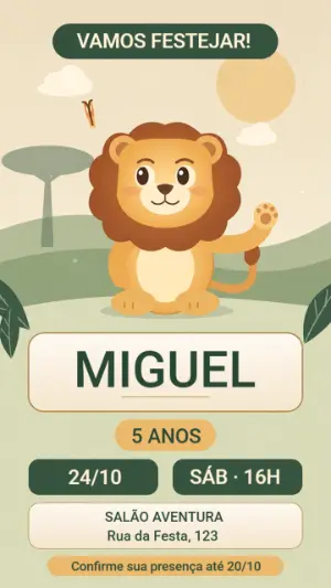 Convite de Aniversário Infantil Safari Leãozinho Editável Online