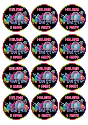 Adesivo Trolls para Aniversário para Editar e Imprimir