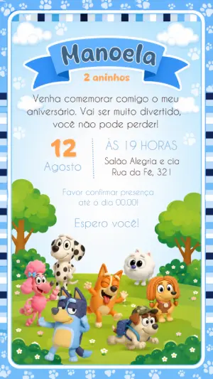 Convite Digital de Aniversário Bluey e Bingo para Editar