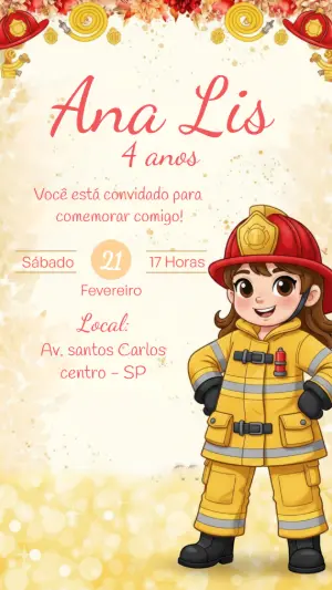 Convite Digital Aniversário Infantil Tema Bombeira Editável