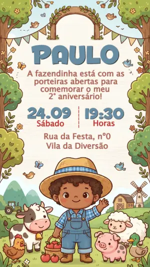 Convite de Aniversário Fazendinha Menino Fofo Editável
