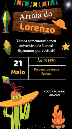 Convite de Aniversário Festa Junina com Cacto para Editar