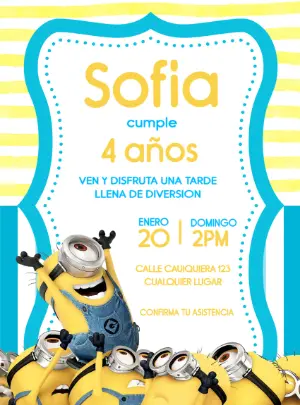 Invitación de Cumpleaños Minions Amarilla y Azul para Editar