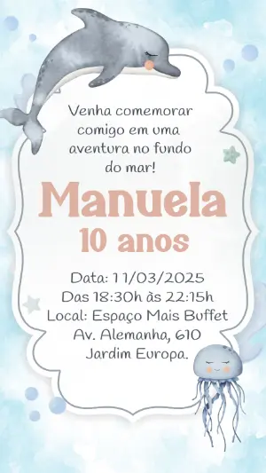 Convite Aniversário Fundo do Mar com Golfinho para Editar Online