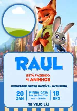 Convite de Aniversário Zootopia com Foto para Editar Online