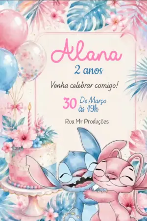 Convite Animado Aniversário Stitch e Angel Aquarela para Editar