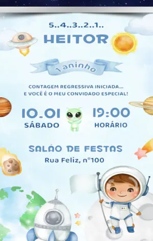 Convite de Aniversário Infantil Astronauta para Editar Online